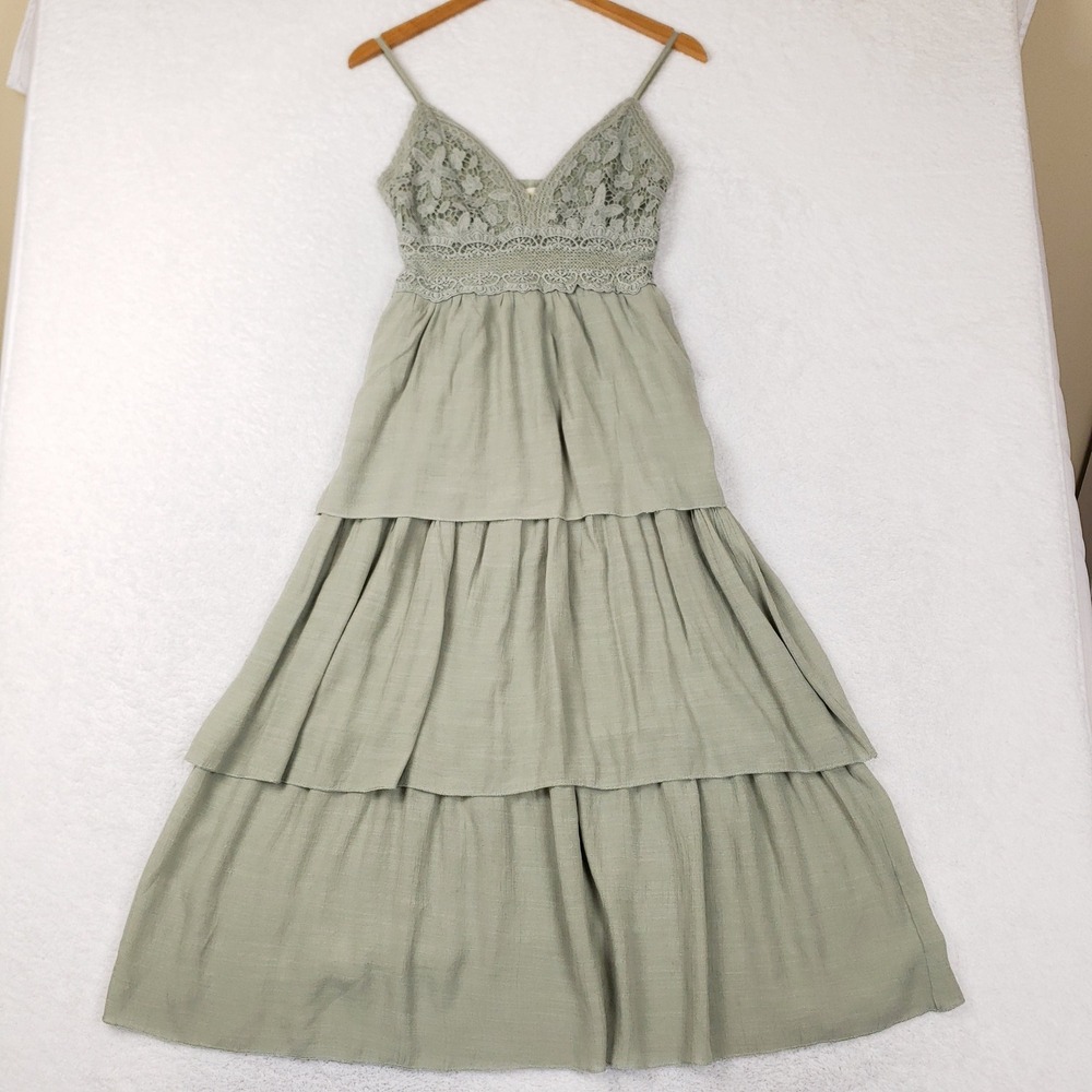 Rebellion Again Sage Green Crochet Lace Tiered Maxi Dress Small Boho Smocked